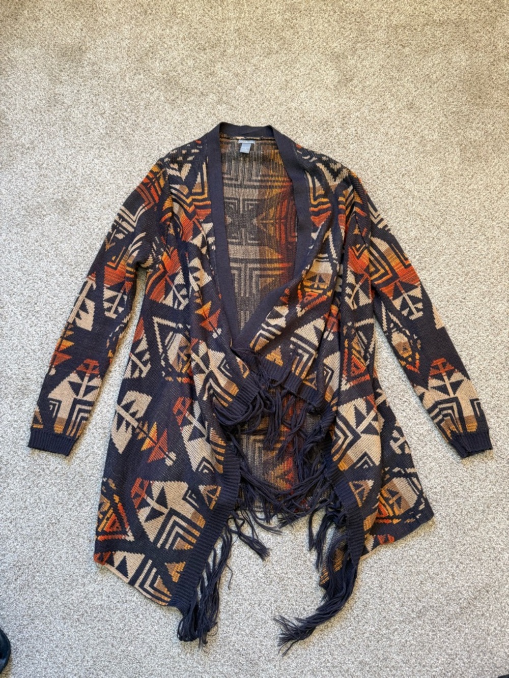 Charlotte Russe Navy Aztec Fringe Open-Front Cardigan with Rust & Cream